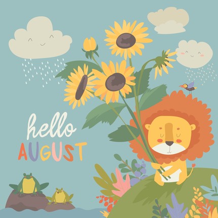 Cute little lion with sunflowers. Hello, August